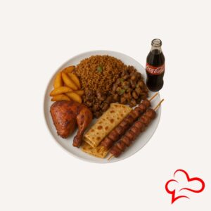 Deluxe platter with grilled chicken, mbuzi fry, mshikaki, pilau, chapati, wedges, and soda at Yardie Eatery