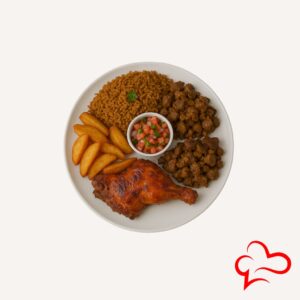 Duo platter with beef chunks, sauté potatoes, pilau, grilled chicken, and salsa at Yardie Eatery