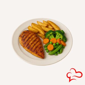 Grilled boneless chicken with potato wedges and vegetables at Yardie Eatery